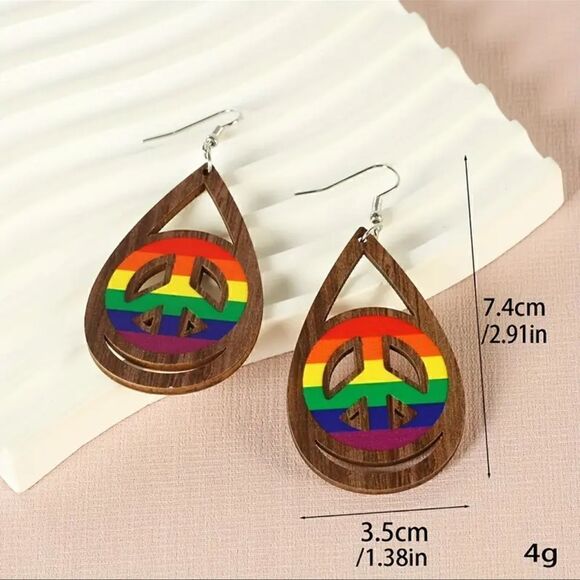 Wooden Rainbow Peace Symbol Earrings NWT - Picture 2 of 2